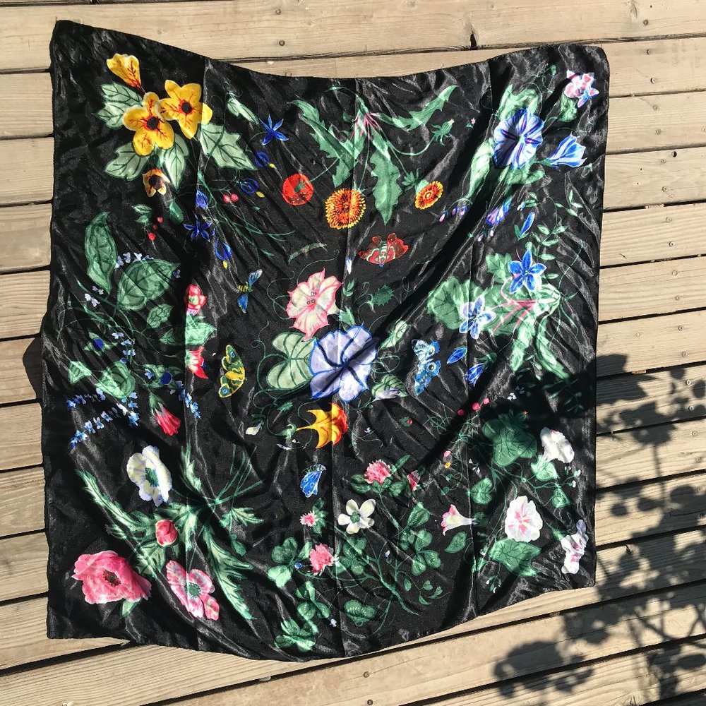 Floral Scarf, Faux-silk Hair Scarf, Square Scarf